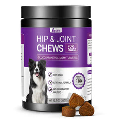Lysimi dog joint supplement bottle front showing easy daily hip support for aging dogs.