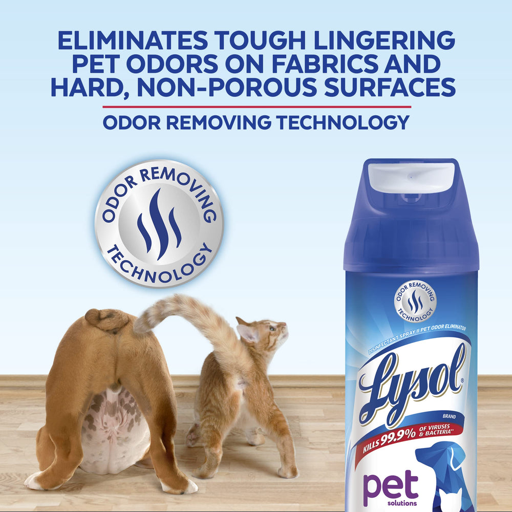 Lysol Pet Odor Eliminator on car interior surfaces for odor control after pet rides.