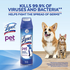Lysol Pet Odor Eliminator fabric treatment on upholstered fabric reduces odors between cleanings.