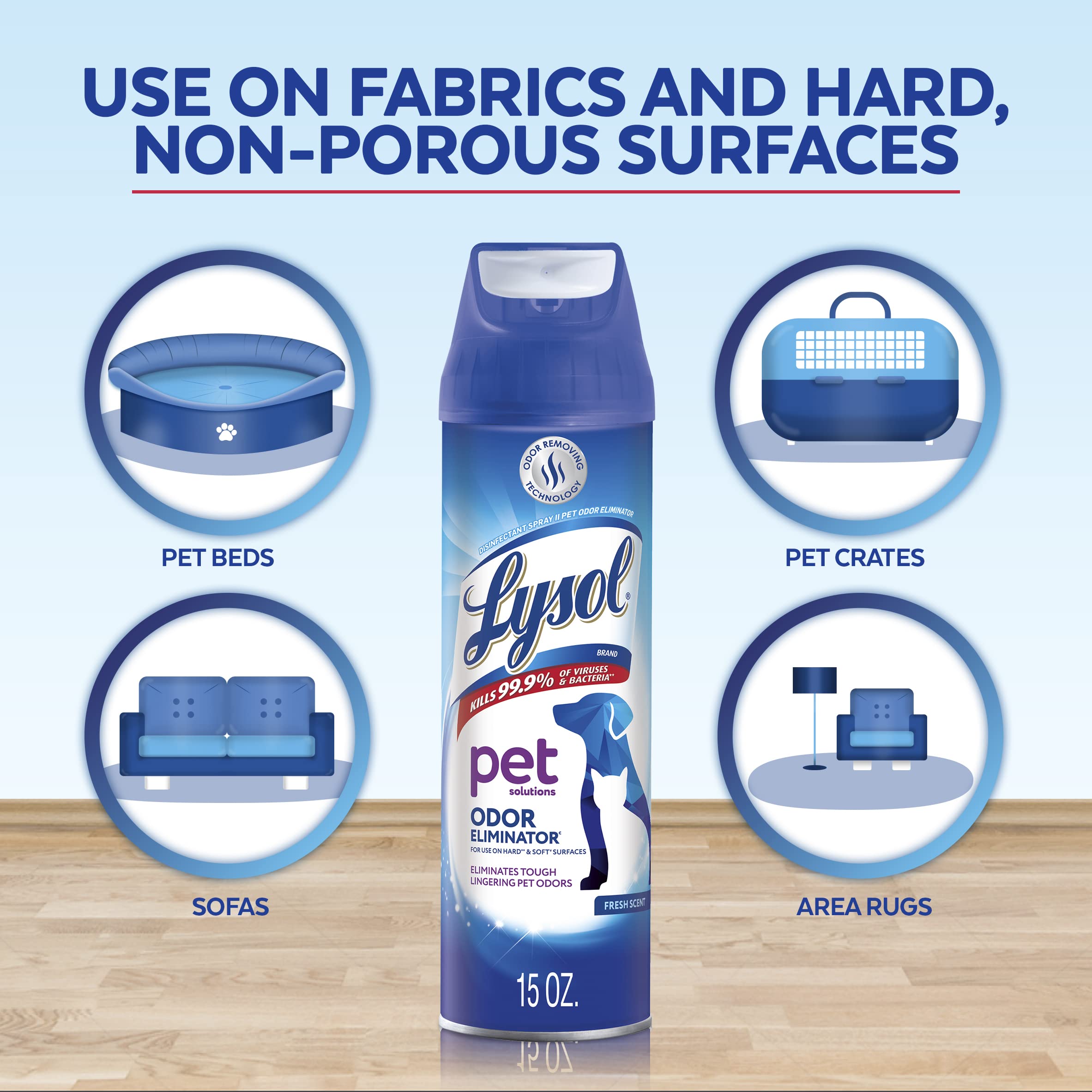 Lysol Pet Odor Eliminator pack shot highlights three 15 oz cans for value.