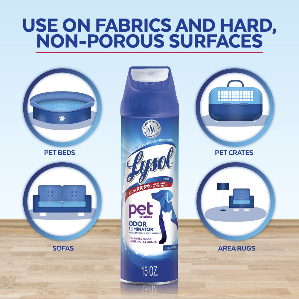 Lysol Pet Odor Eliminator pack shot highlights three 15 oz cans for value.