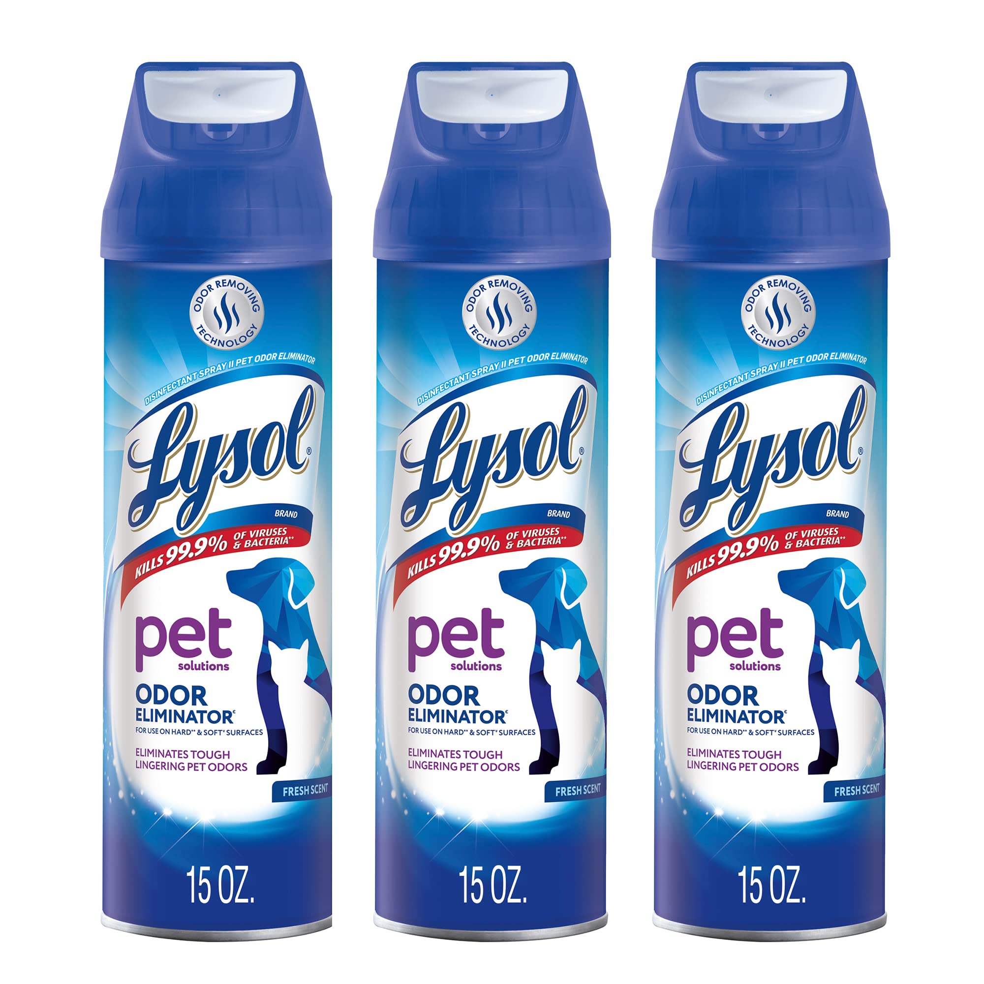 Lysol Pet Odor Eliminator Spray bottle neutralizes pet smells for a fresher room.