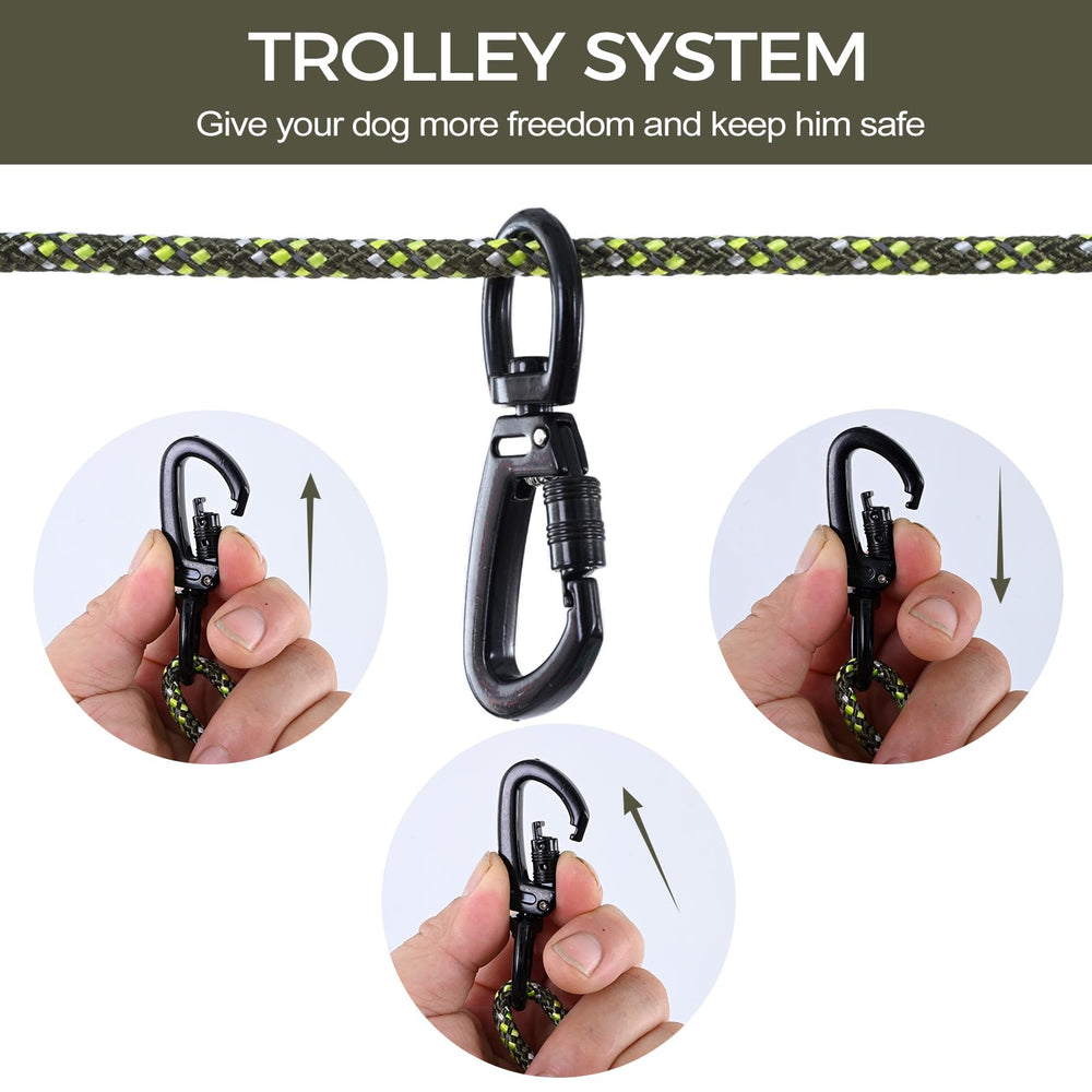 LZ.MZXU dog tie out cable at night with reflective rope improves night visibility.