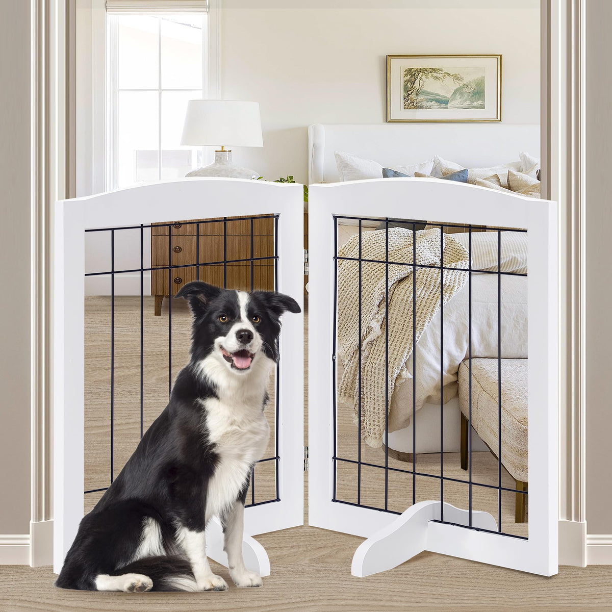 LZRS 2-Panel Freestanding Dog Gate side view showcases sturdy wood and metal construction for doorways