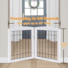 LZRS 2-Panel Wood Dog Gate folded for compact storage beside closets and doors.
