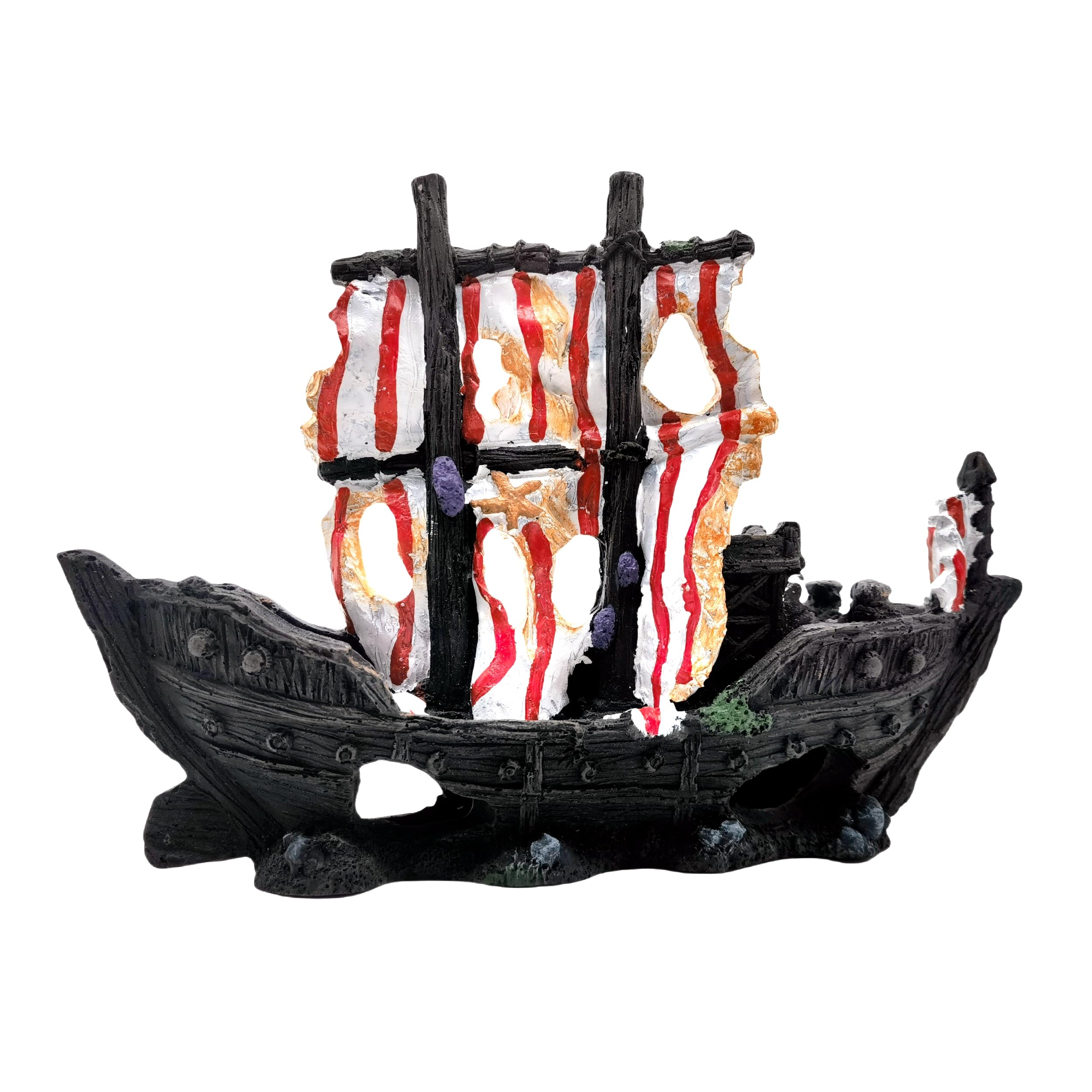 M2cbridge Striped Pirate Shipwreck resin decor fits freshwater and saltwater tanks.