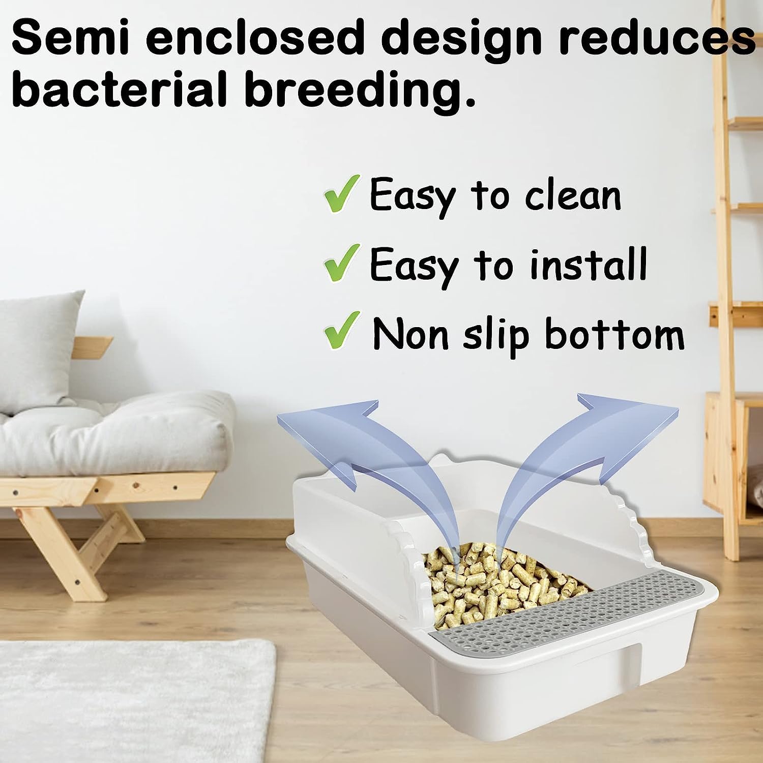 MUYG Open Cat Litter Box measures 43x28x18 cm for small spaces.