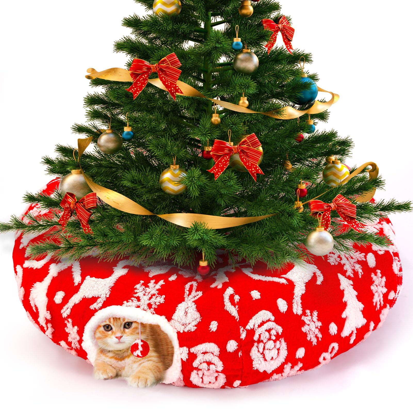 Maansfy cat tunnel bed Christmas tree skirt offers a cozy festive nap space for indoor cats.