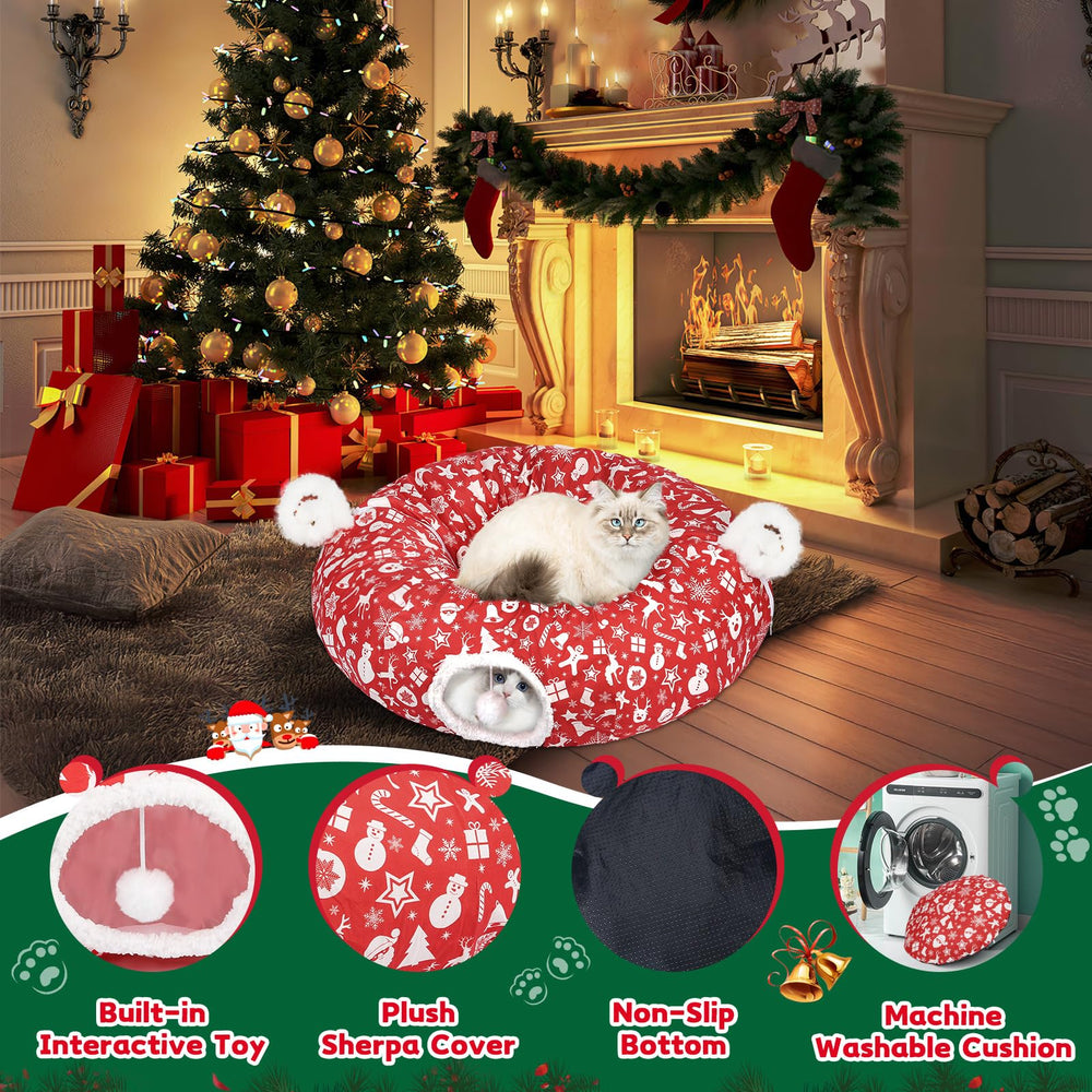 Maansfy Cat Tunnel Bed plush sherpa material provides a soft, warm retreat.