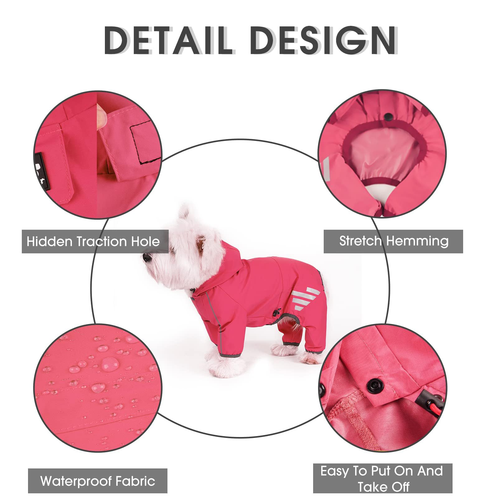 Mabawa dog raincoat pink hood back view highlights secure fit and visibility