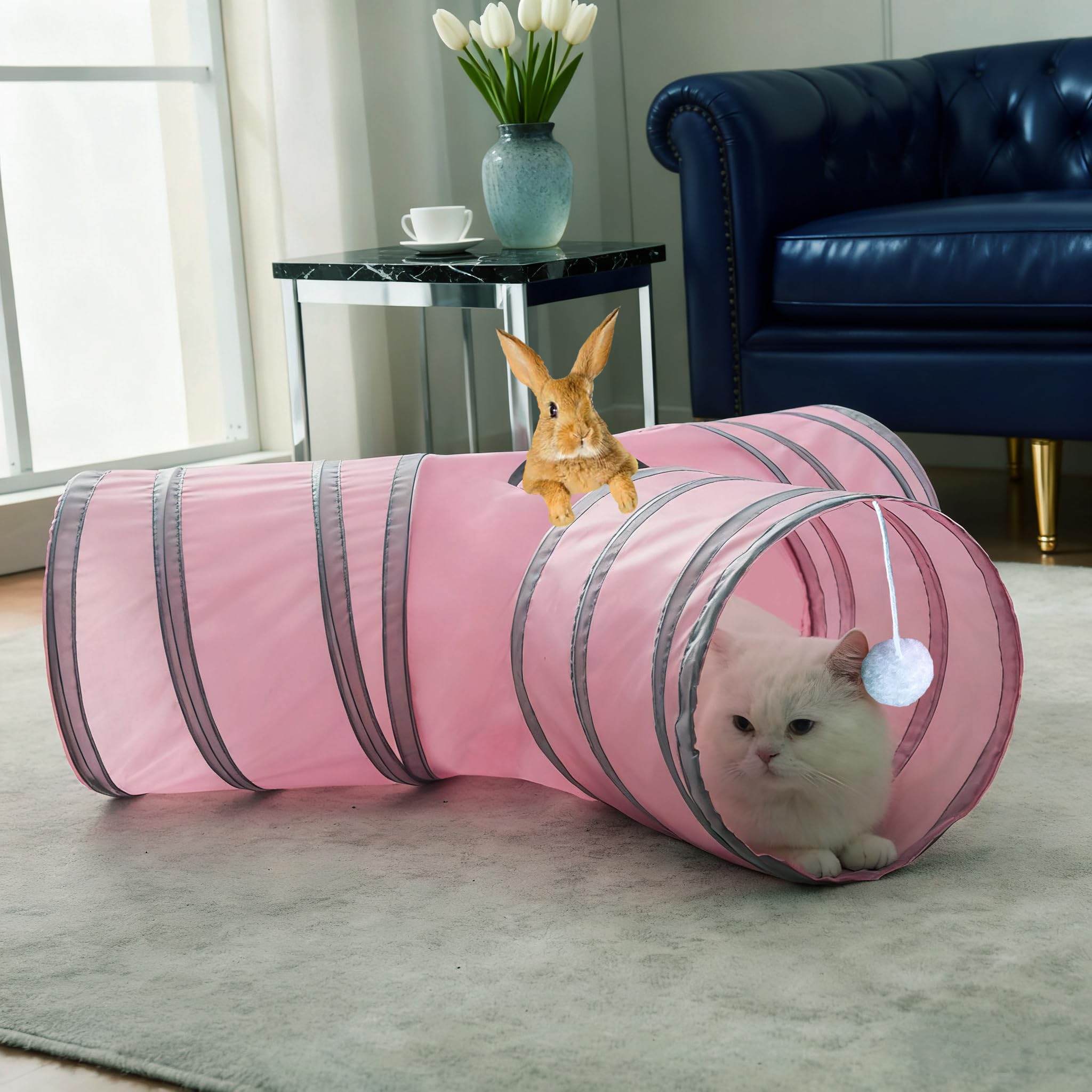 Mabaytir cat tunnel pink grey with peepholes and crinkle sounds boosts curiosity.