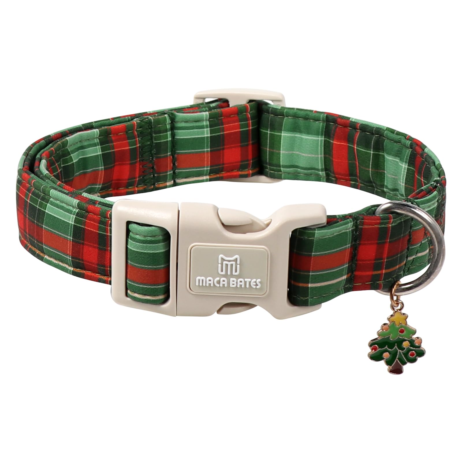 Maca Bates Christmas green plaid collar closeup highlights durability and festive style