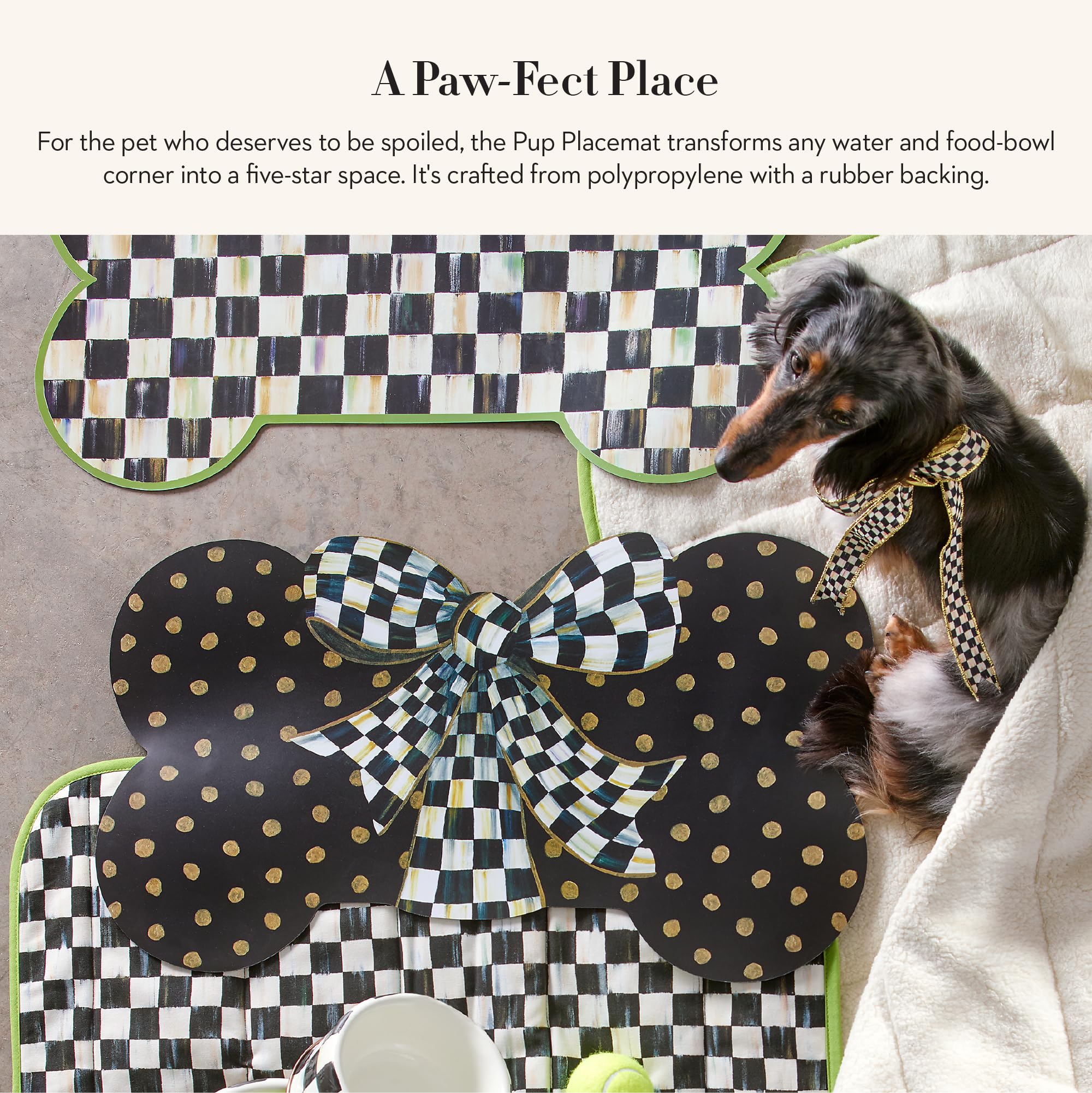 MACKENZIE-CHILDS Courtly Bow detail highlights elegant ribbon décor for pet bowls.