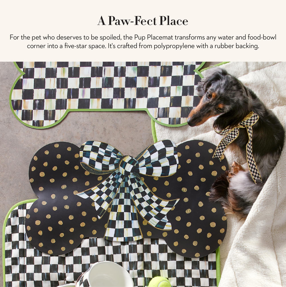 MACKENZIE-CHILDS Courtly Bow detail highlights elegant ribbon décor for pet bowls.
