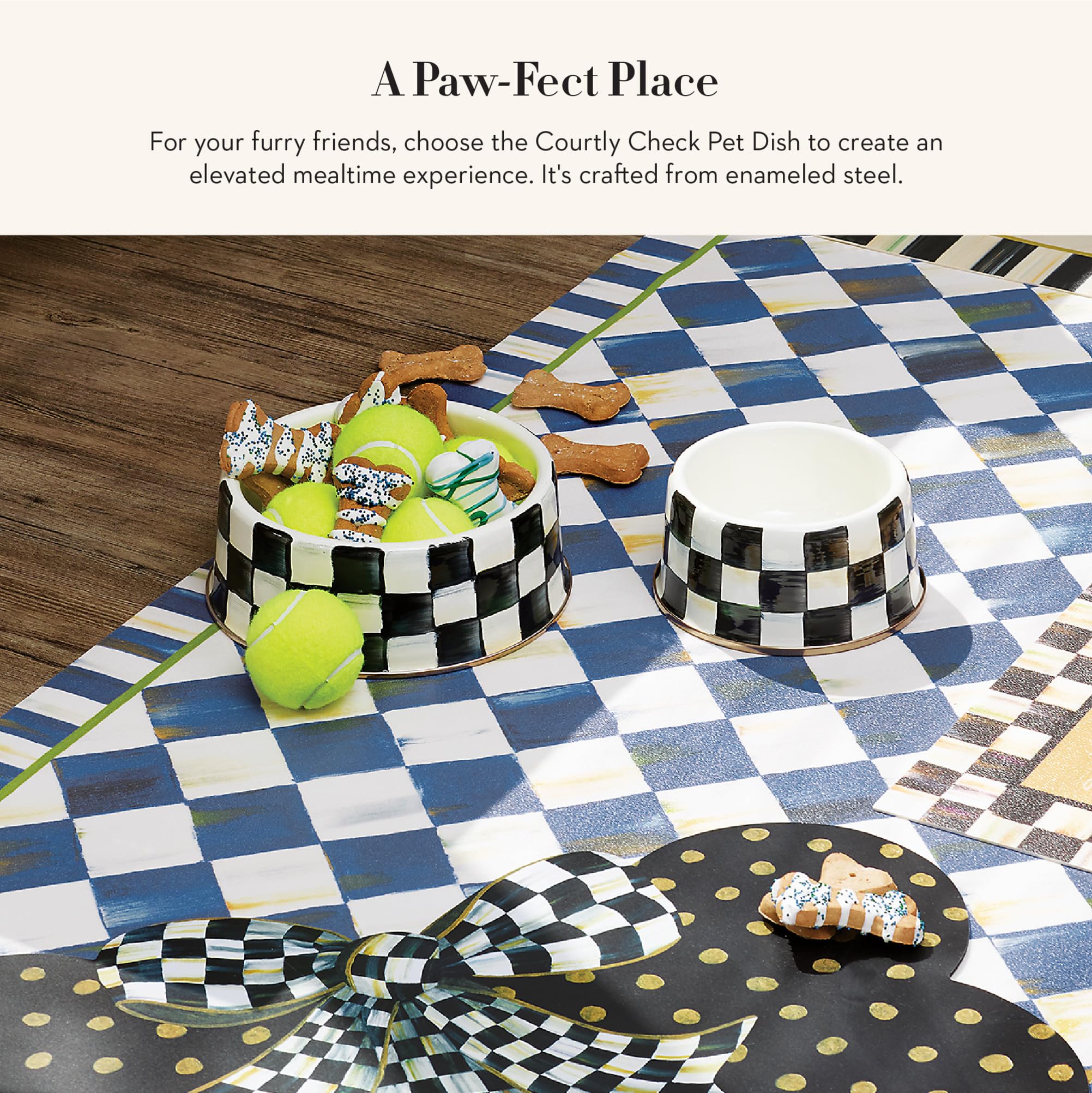 MACKENZIE-CHILDS enamel pet dish on heavy steel base for daily meals.