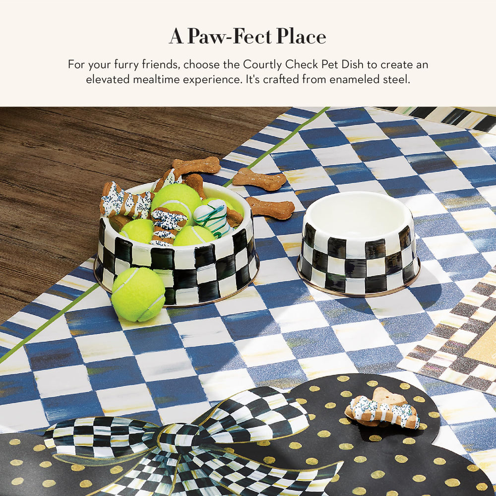 MACKENZIE-CHILDS enamel pet dish on heavy steel base for daily meals.