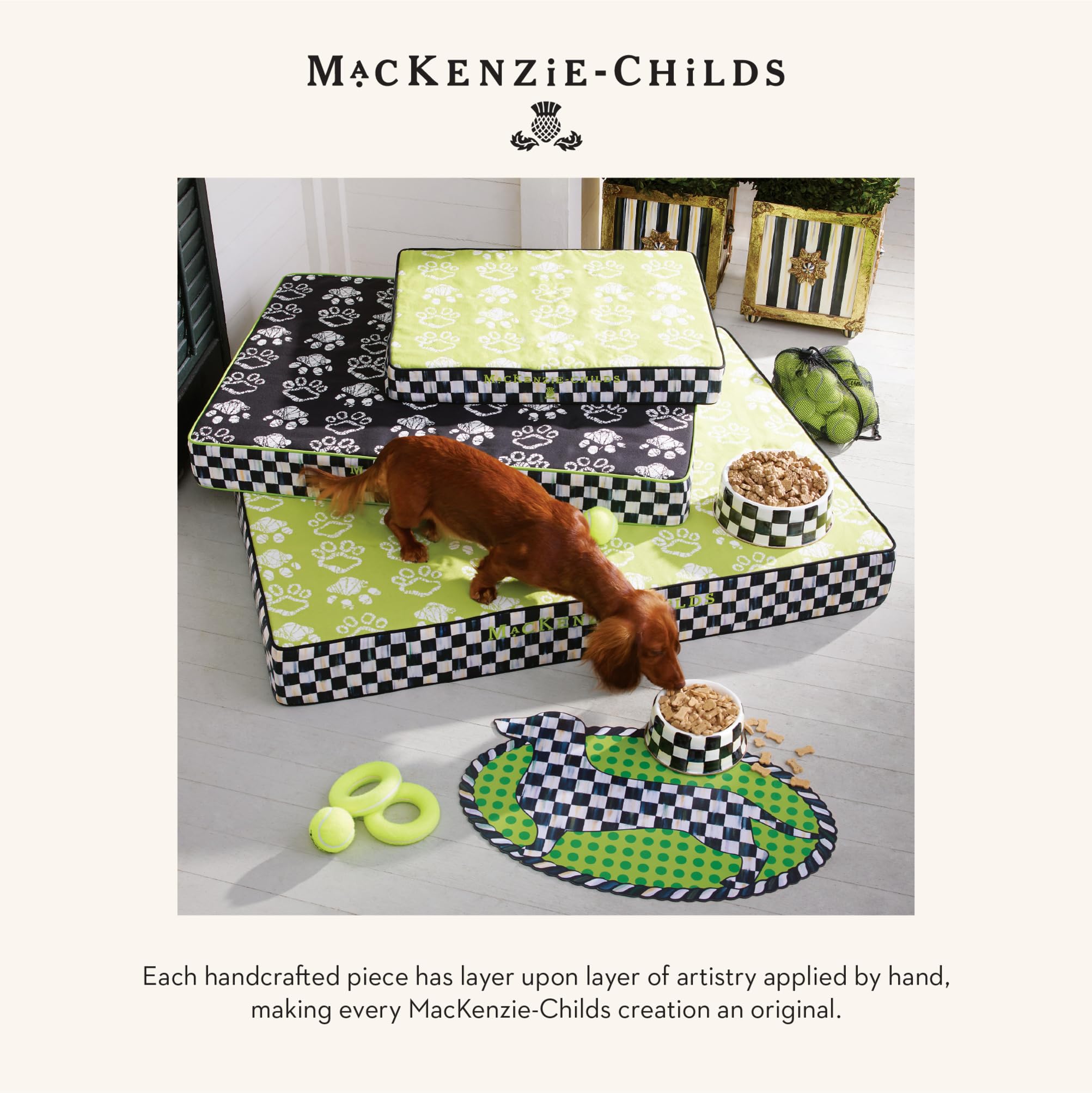 MACKENZIE-CHILDS gift-ready pet bowl packaging and display.