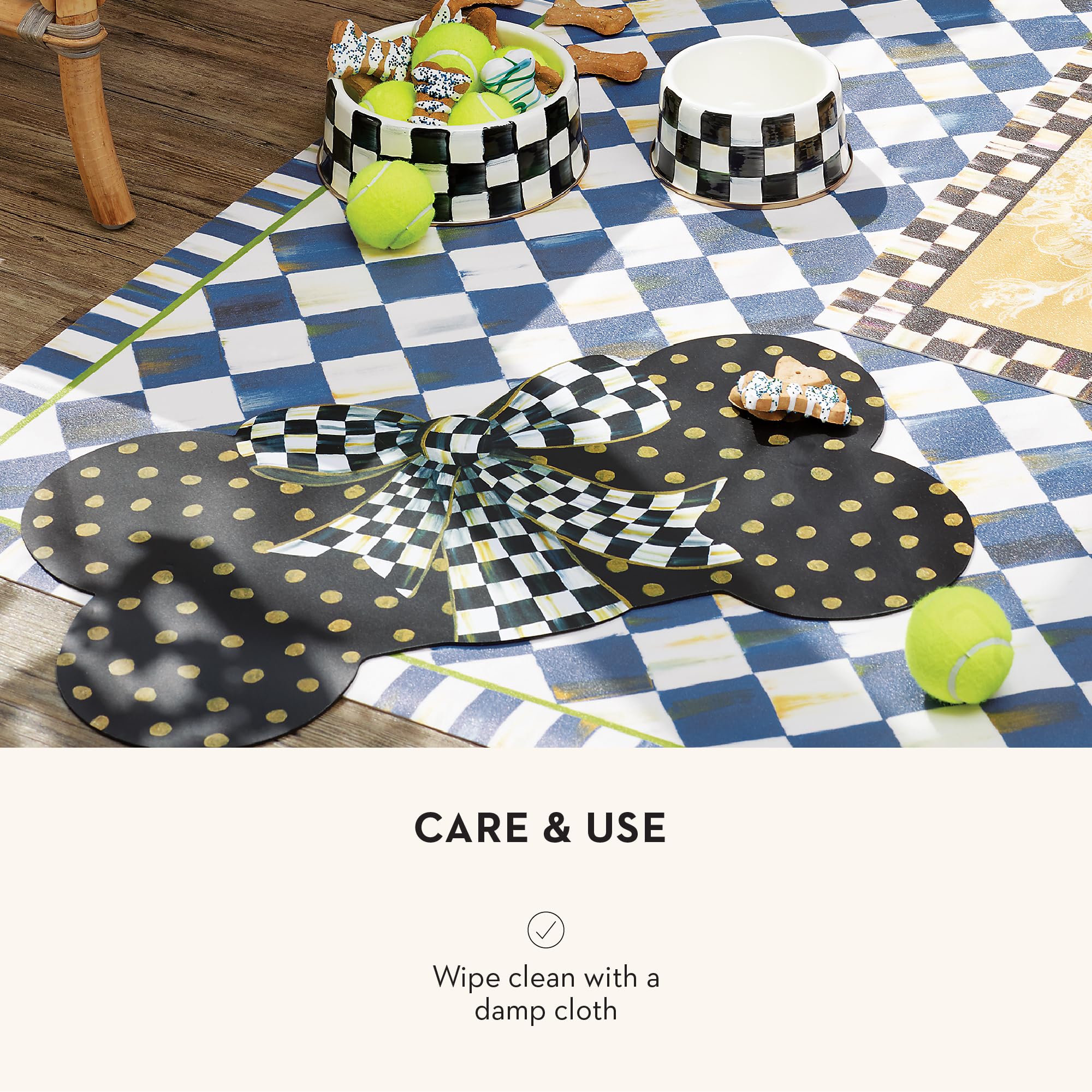 MACKENZIE-CHILDS Oversized Courtly Check ribbon accentuates an elegant pet space.