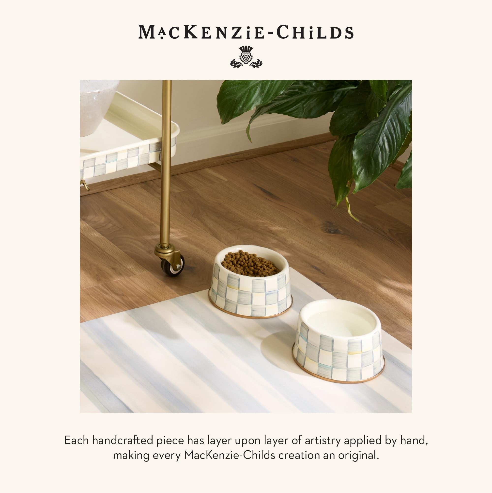 Mackenzie-Childs pet bowl gift-ready decor piece for pet lovers.