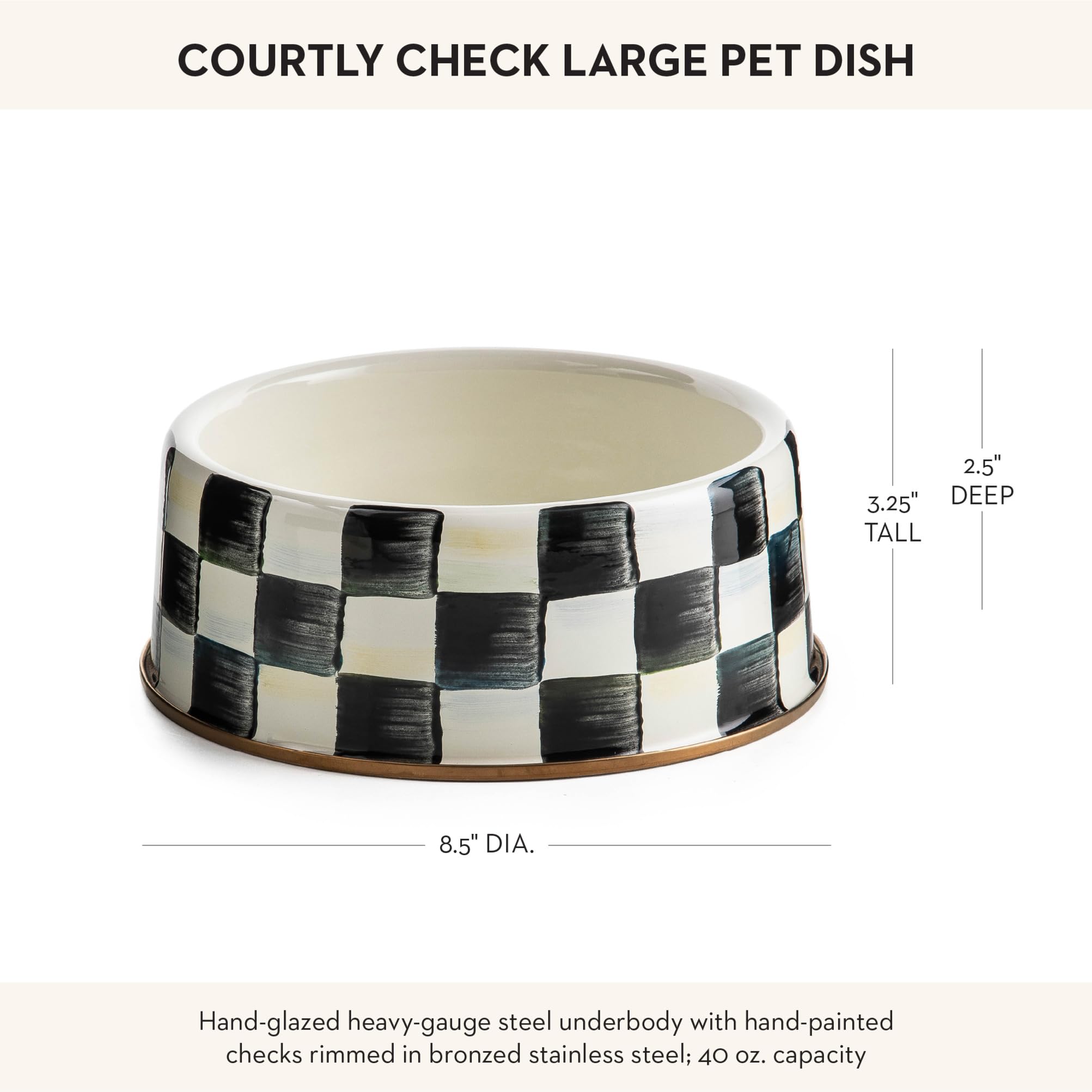 MACKENZIE-CHILDS pet bowl shown during dog mealtime.