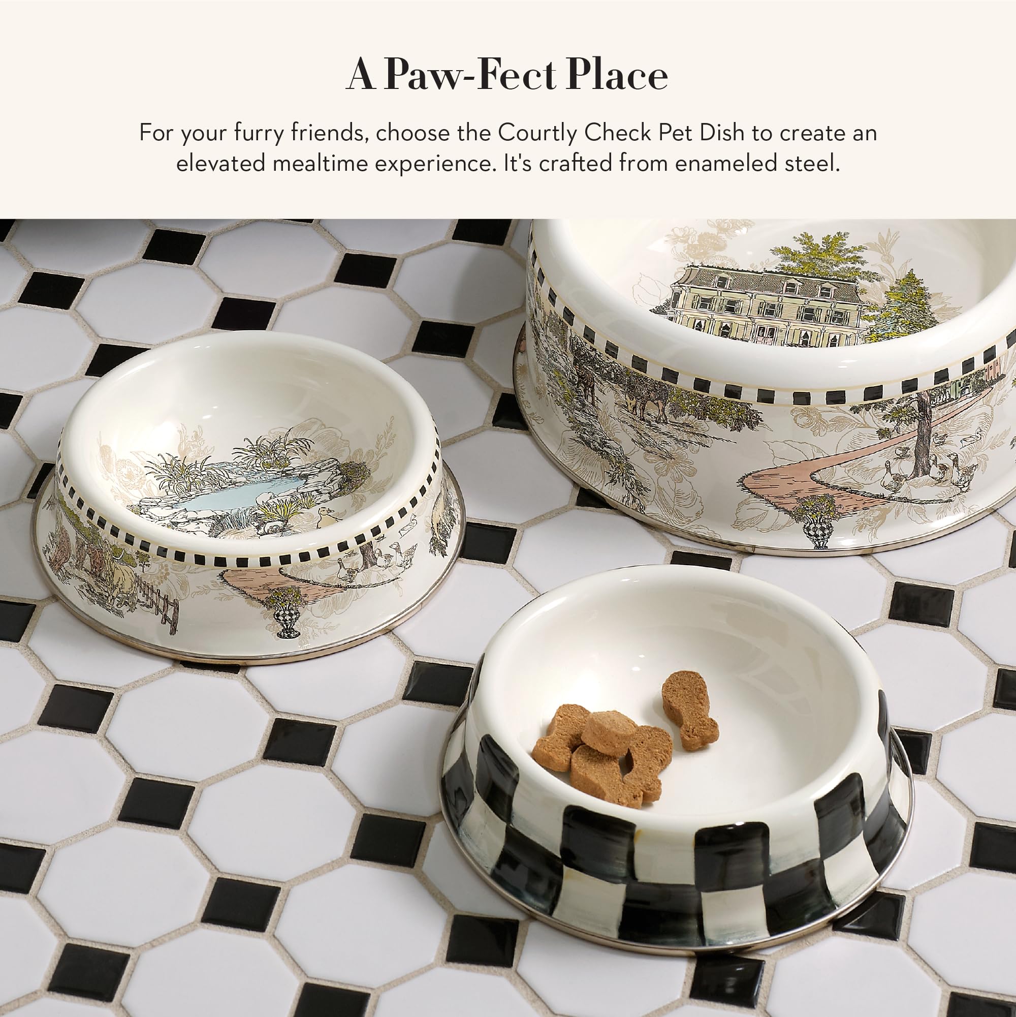 MACKENZIE-CHILDS pet bowl side view Courtly Check durable enamel