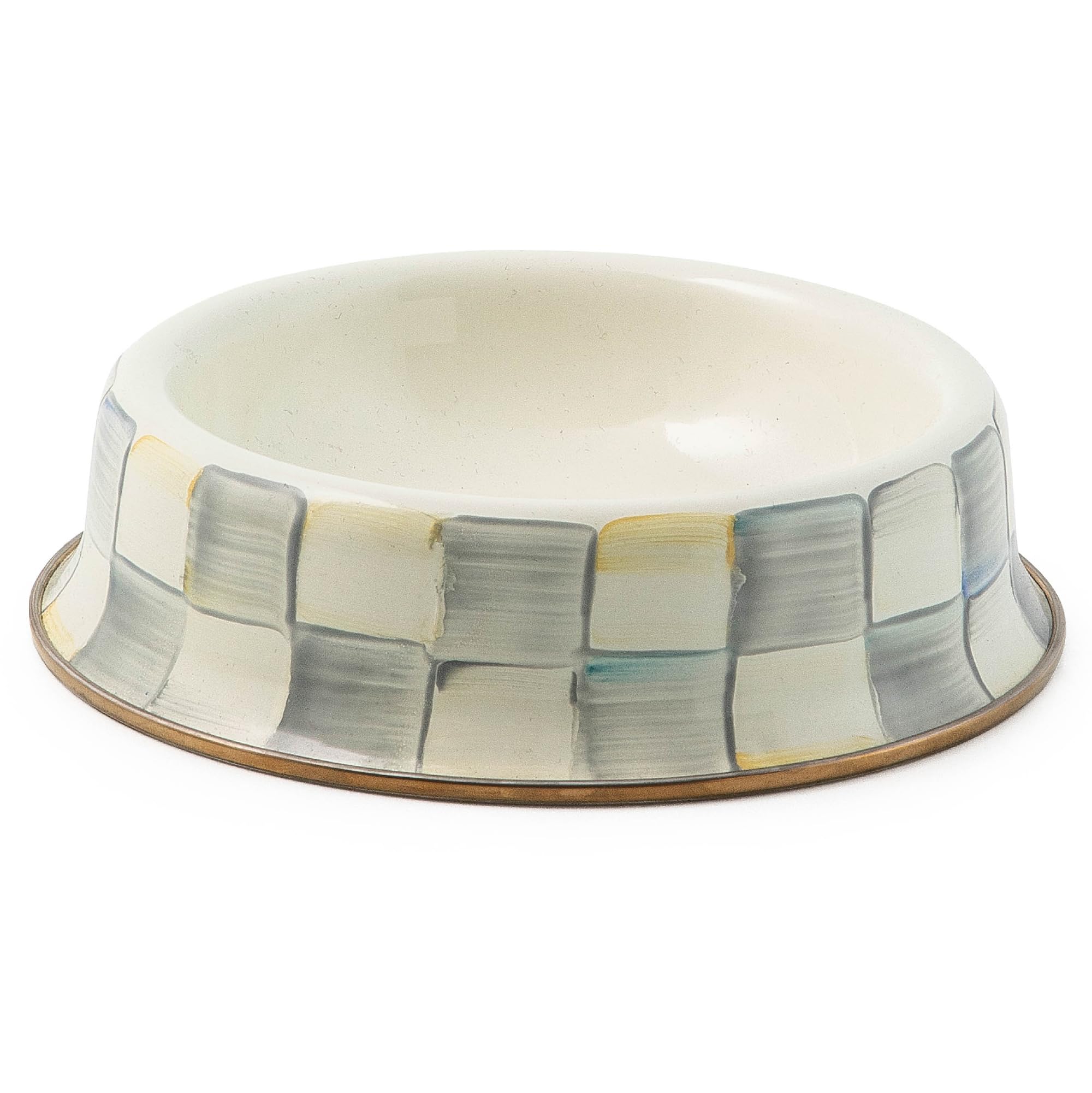 Mackenzie-Childs pet bowl Sterling Check pattern with durable steel underbody.