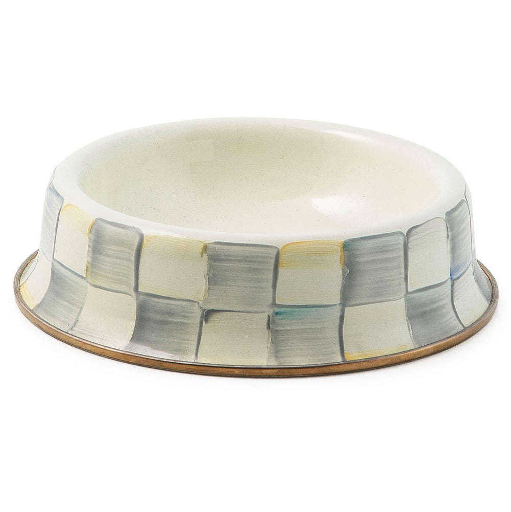 Mackenzie-Childs pet bowl Sterling Check pattern with durable steel underbody.