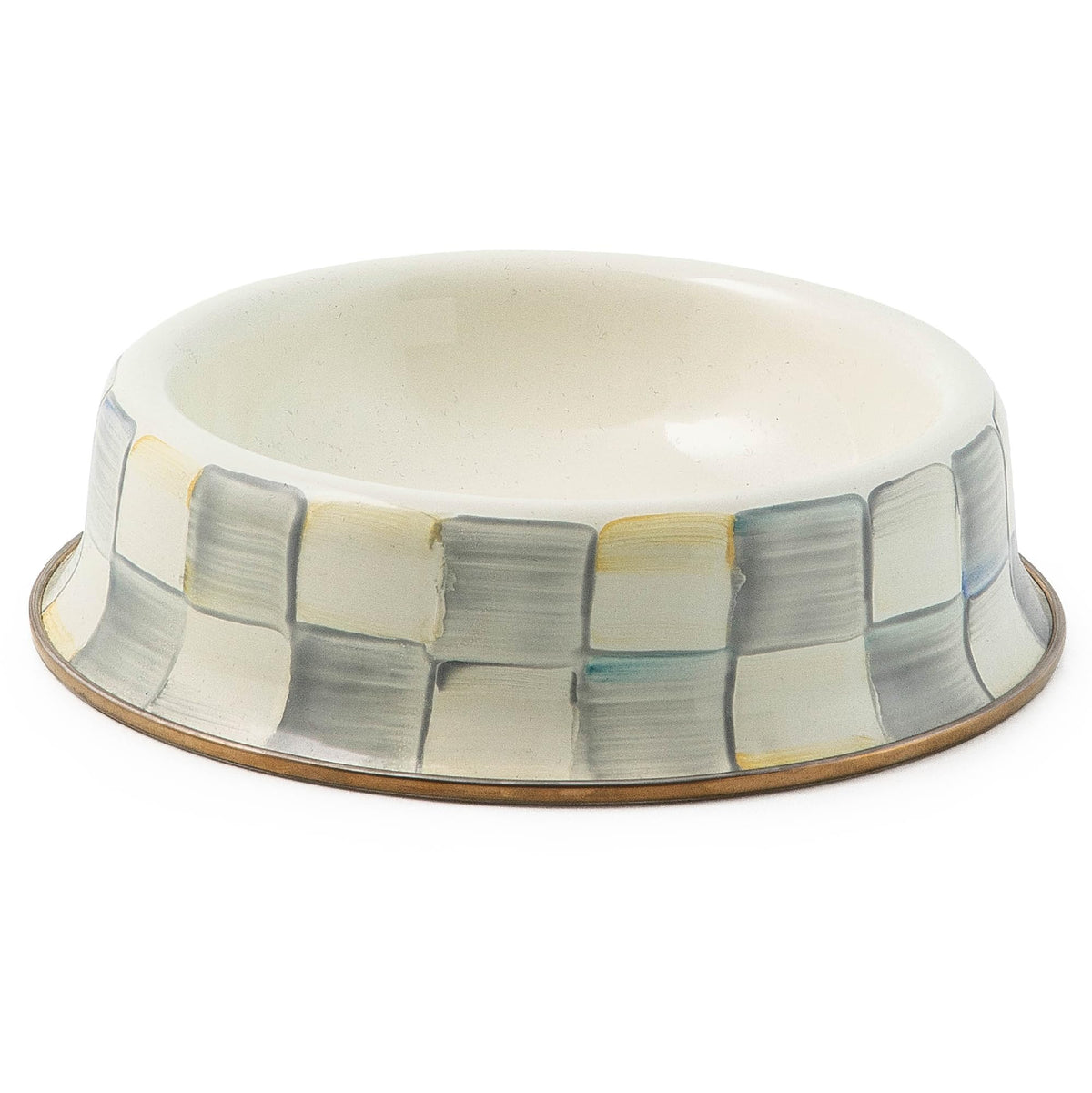 Mackenzie-Childs pet bowl Sterling Check pattern with durable steel underbody.