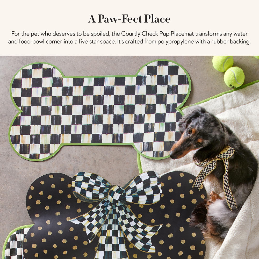 Mackenzie-Childs Pup Placemat Courtly Check design elevates feeding area with stylish black-and-white checks.
