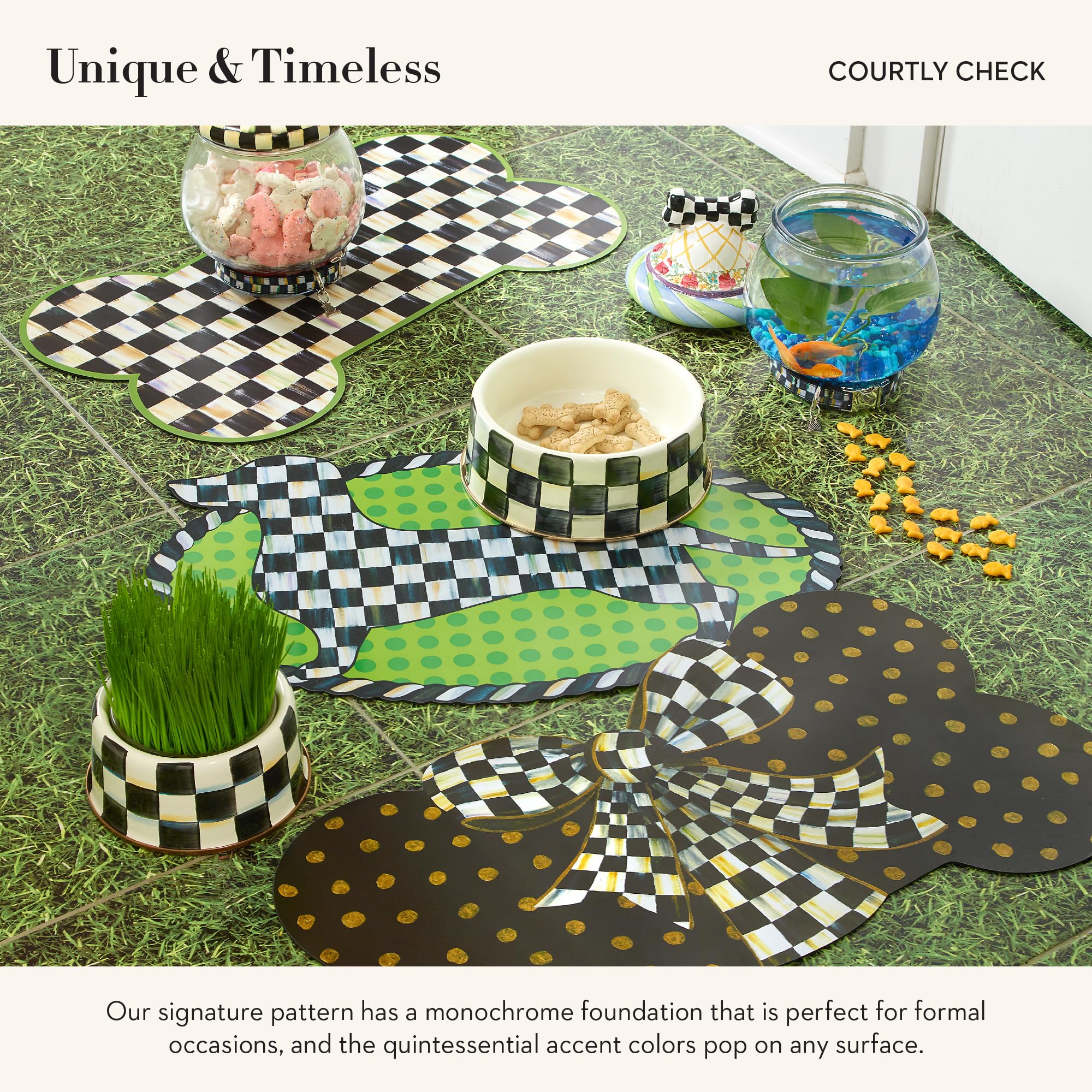 Mackenzie-Childs Pup Placemat dog bowls on mat keeps bowls steady in busy kitchens and prevents messes.