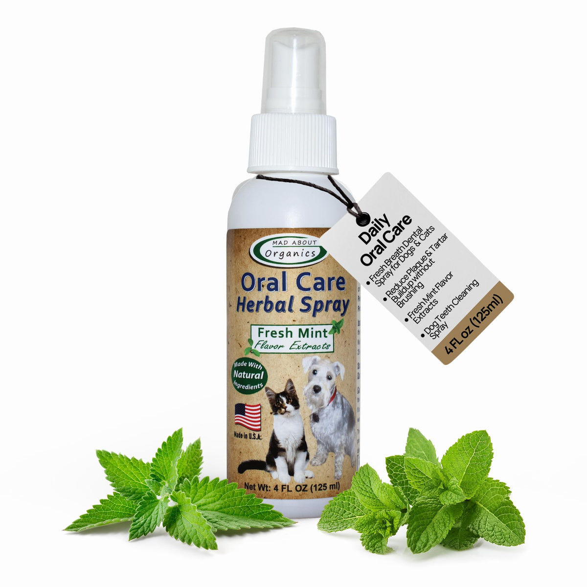 Mad About Organics daily oral care spray bottle offers a no-brush dental solution for pets.