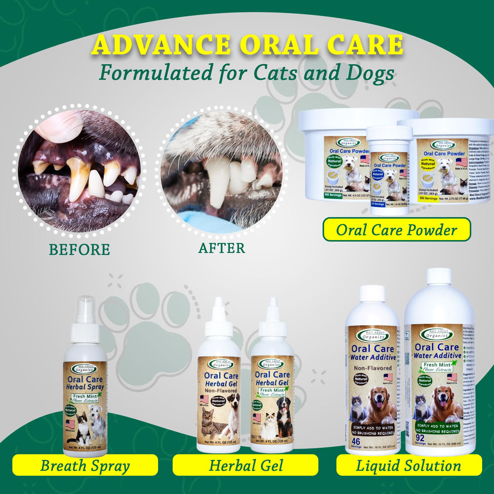 Mad About Organics dog-cat gum-line spray supports plaque and tartar control.