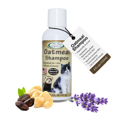 Mad About Organics oatmeal shampoo bottle demonstrates gentle cleansing for cats and small pets