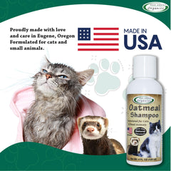 Mad About Organics oatmeal shampoo on cat and small pet subject ready for grooming