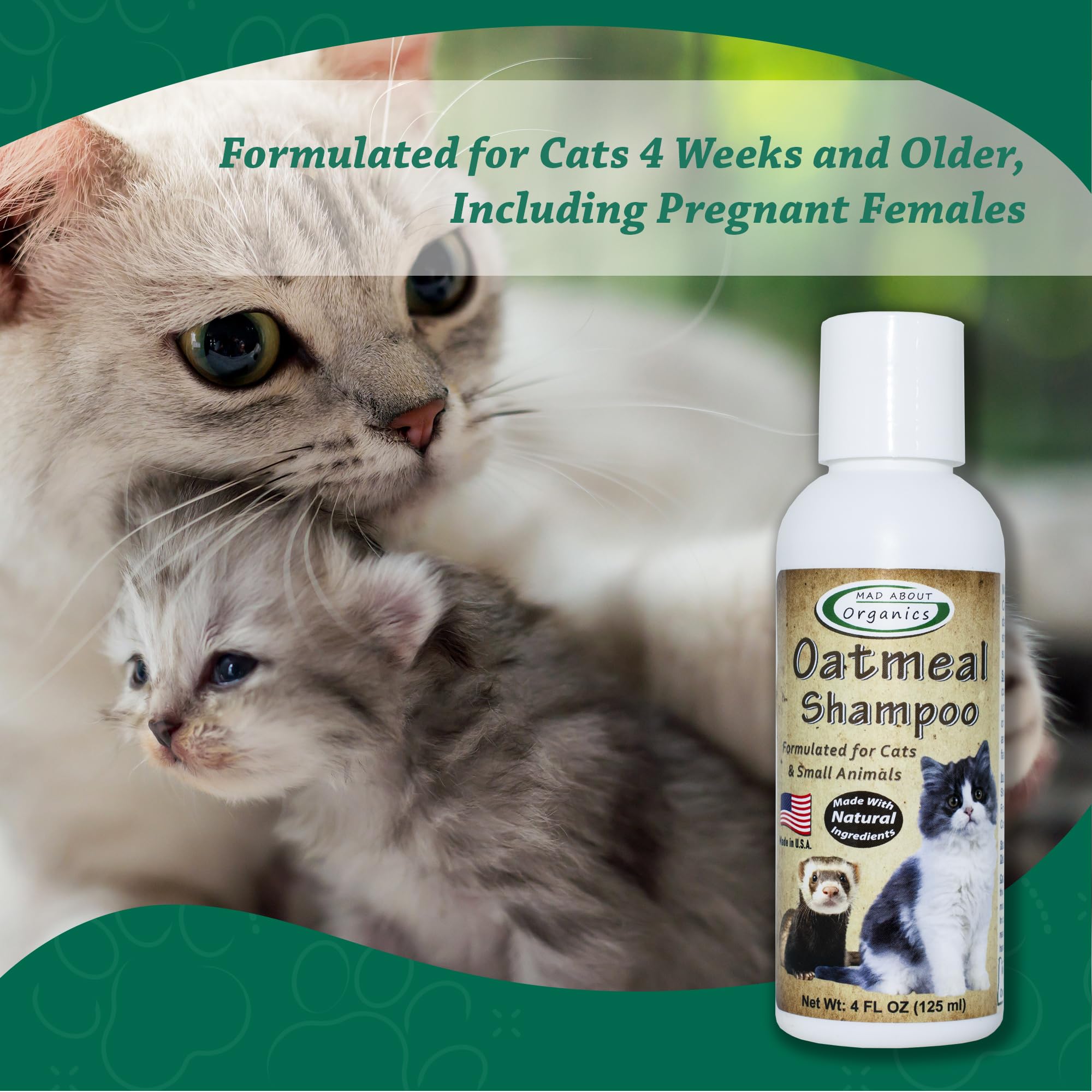 Mad About Organics oatmeal shampoo packaging 4oz indicates portable home grooming size