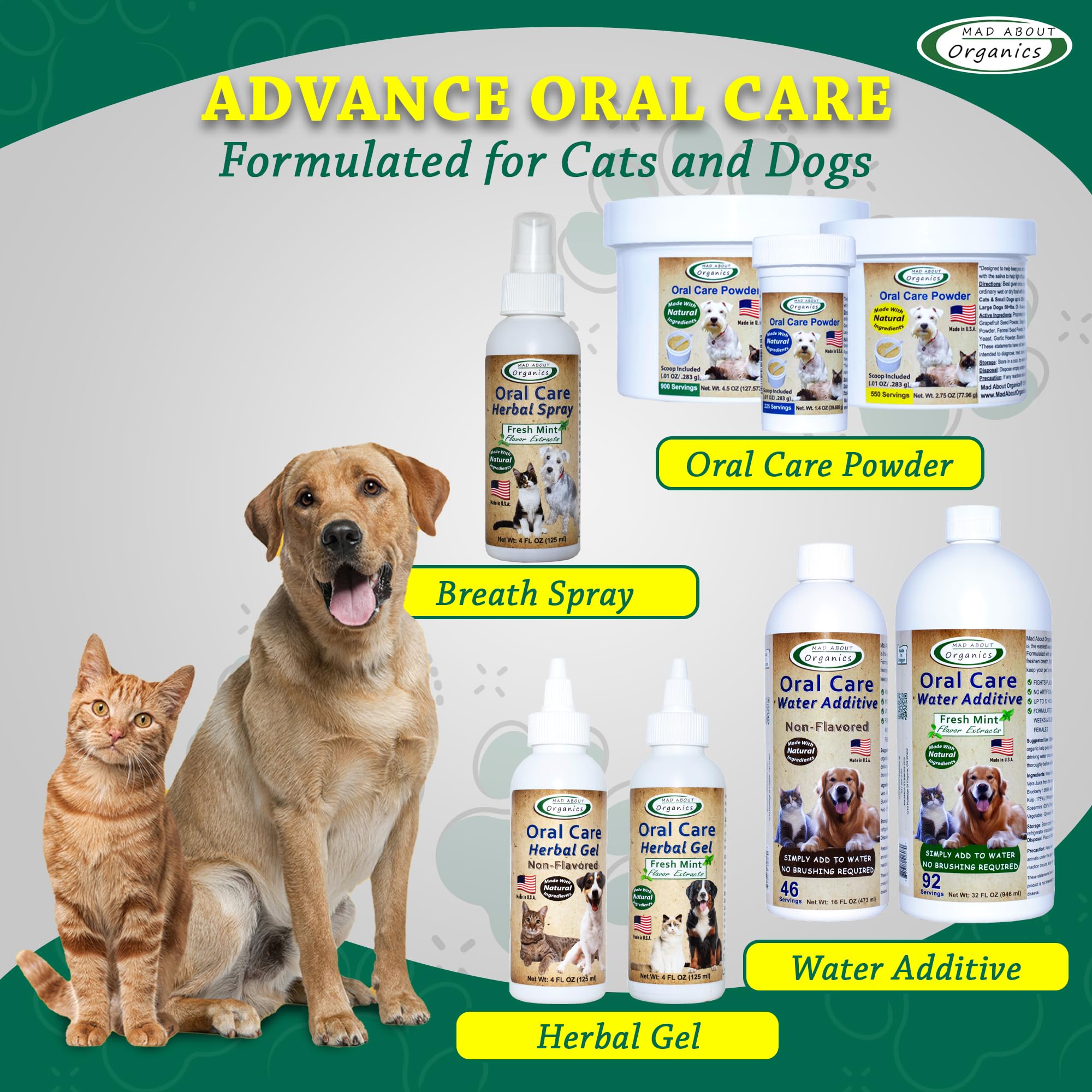 Mad About Organics pet oral spray helps maintain oral health between checkups.