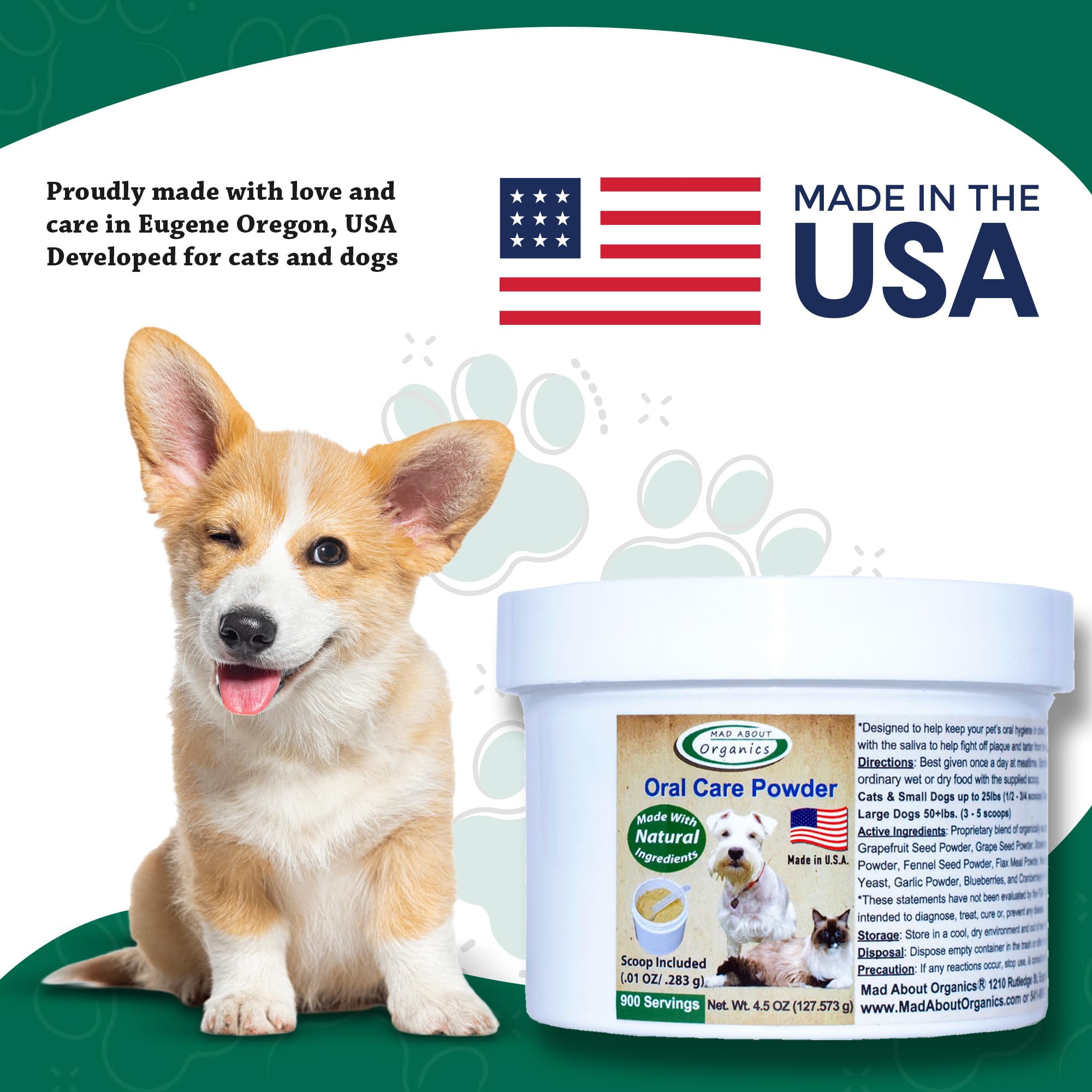 Sprinkling Mad About Organics powder over pet food for easy daily care