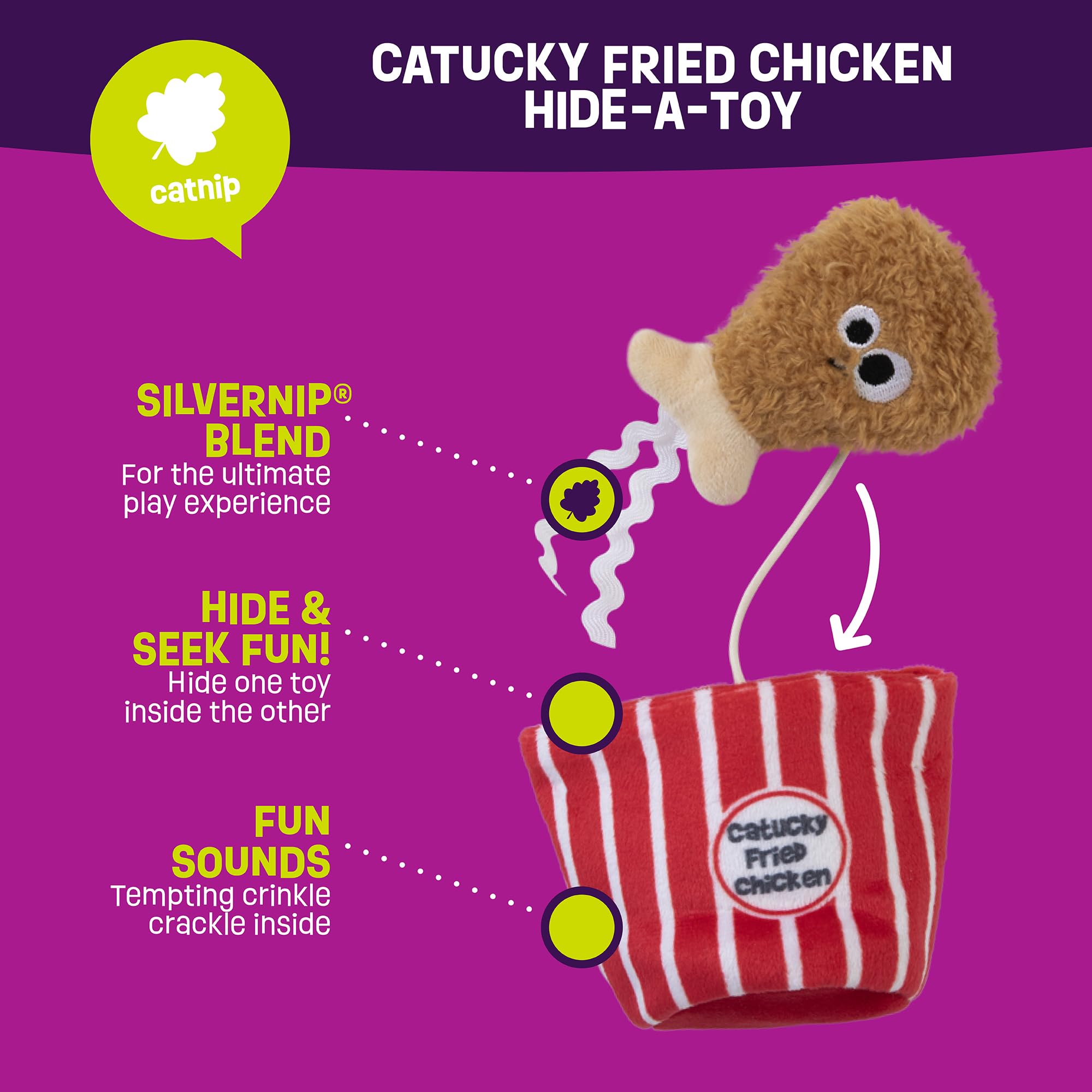 Mad Cat Catucky Fried Chicken Hide-A-Toy leg ready for batting and pouncing.