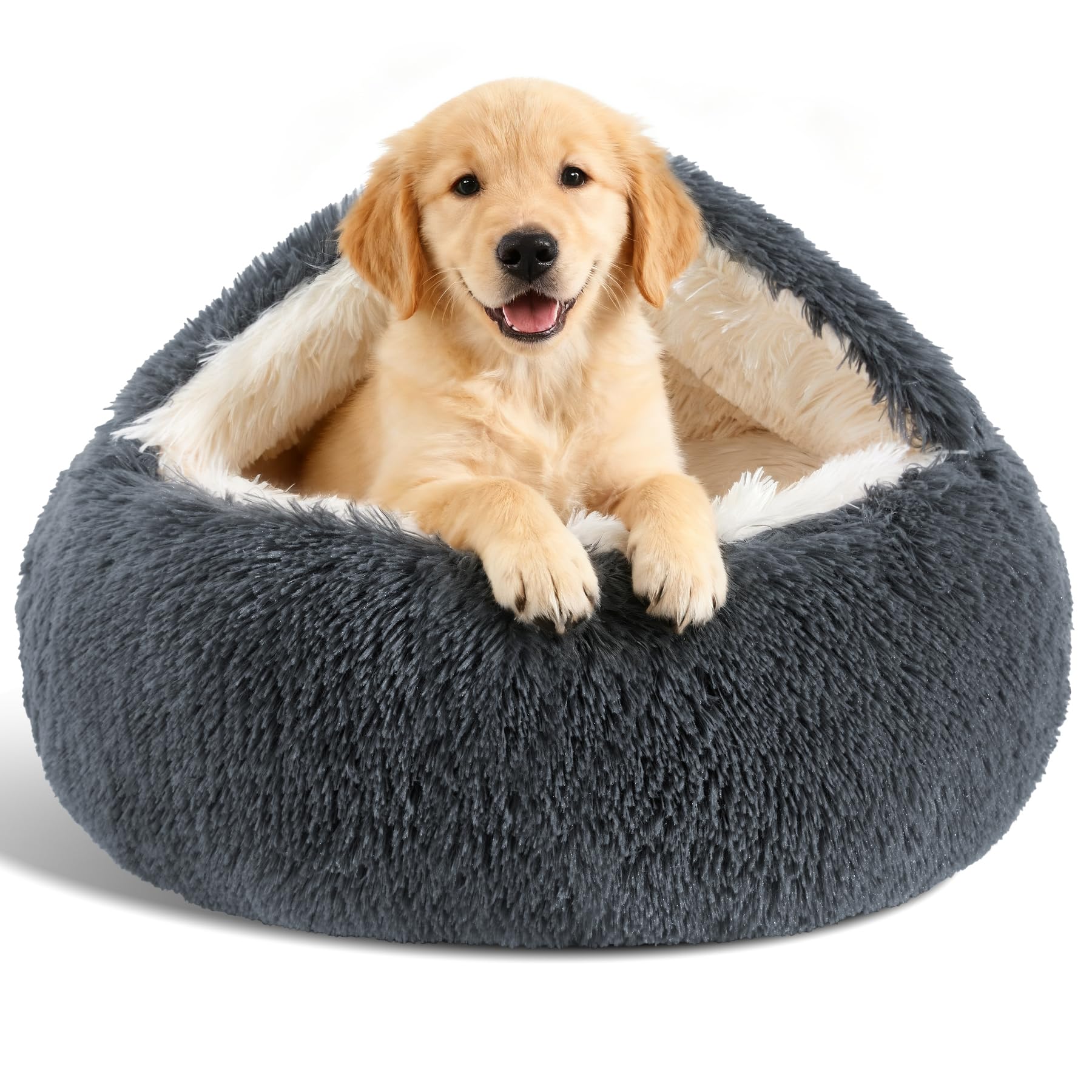 MADDEMCUTE calming round bed with hooded cover ready for cozy cat and dog sleep