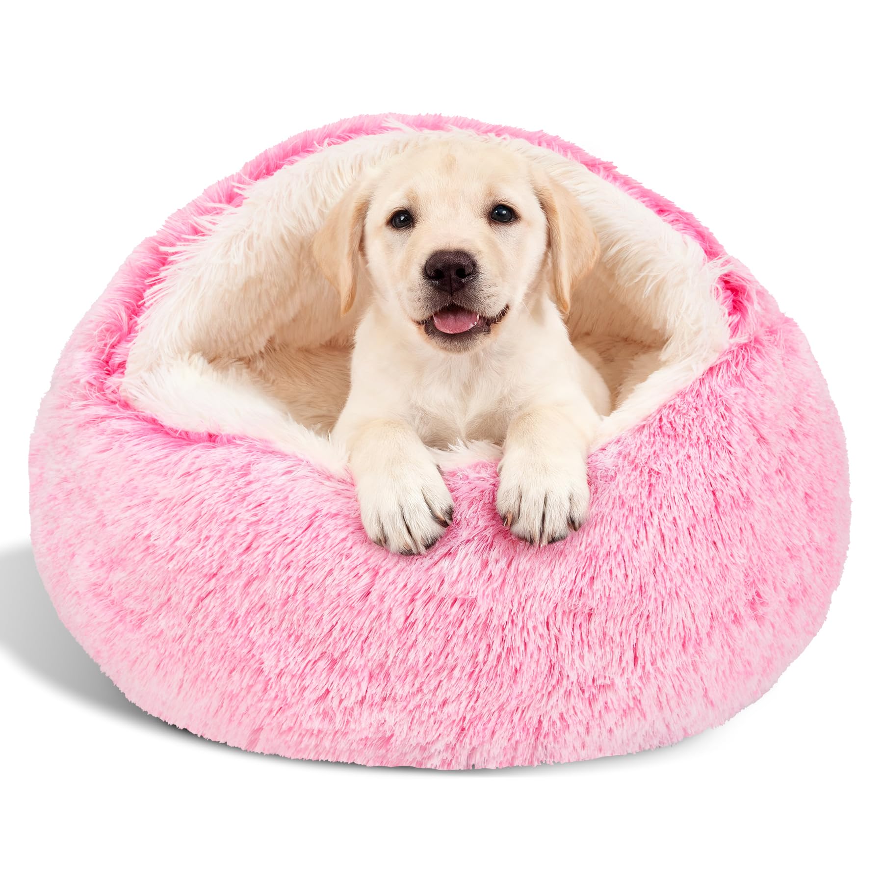 MADDEMCUTE calming bed hooded pink cover provides a secure hideaway for pets
