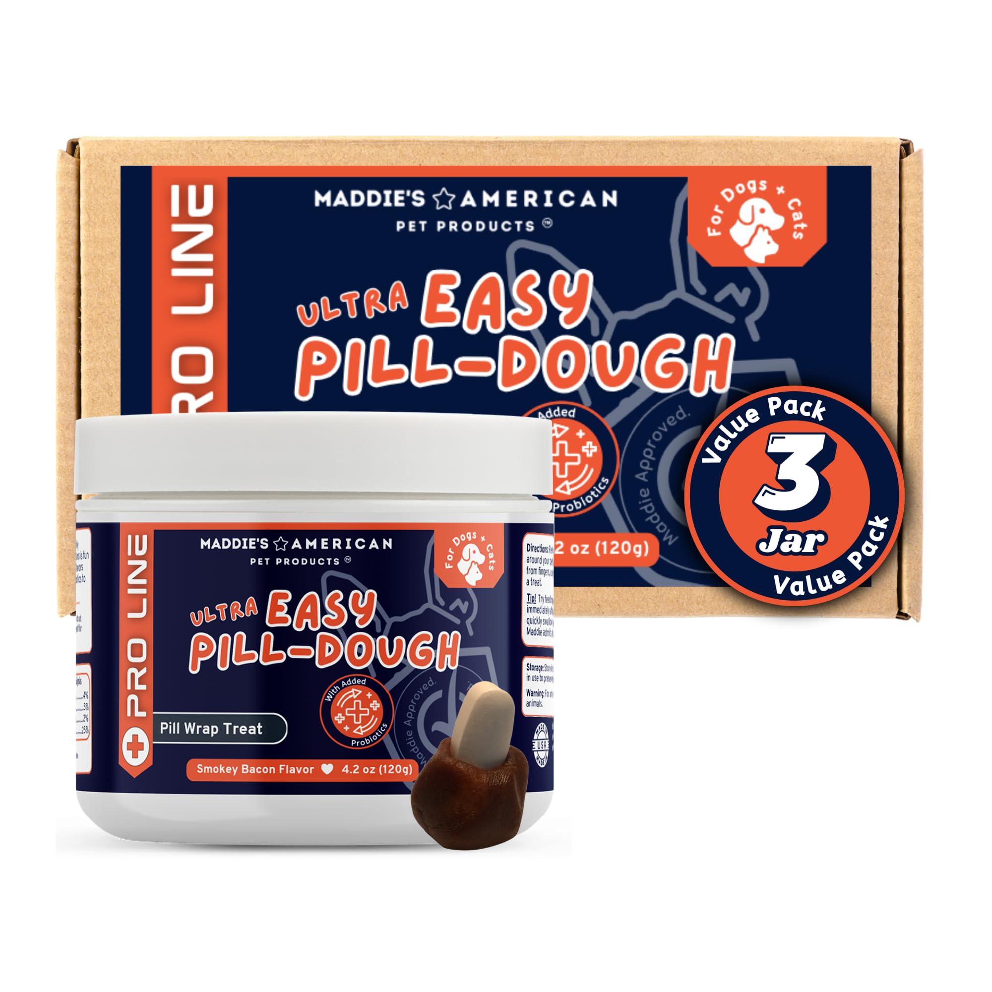 Maddie's Ultra Easy Pill-Dough Wrap jar demonstrates quick pill pockets for easier administration.