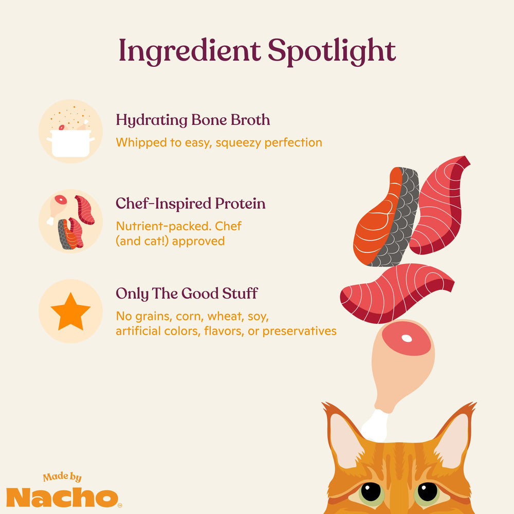 Made by Nacho bone broth salmon and tuna close-up texture shows protein-forward, palatable mousse.