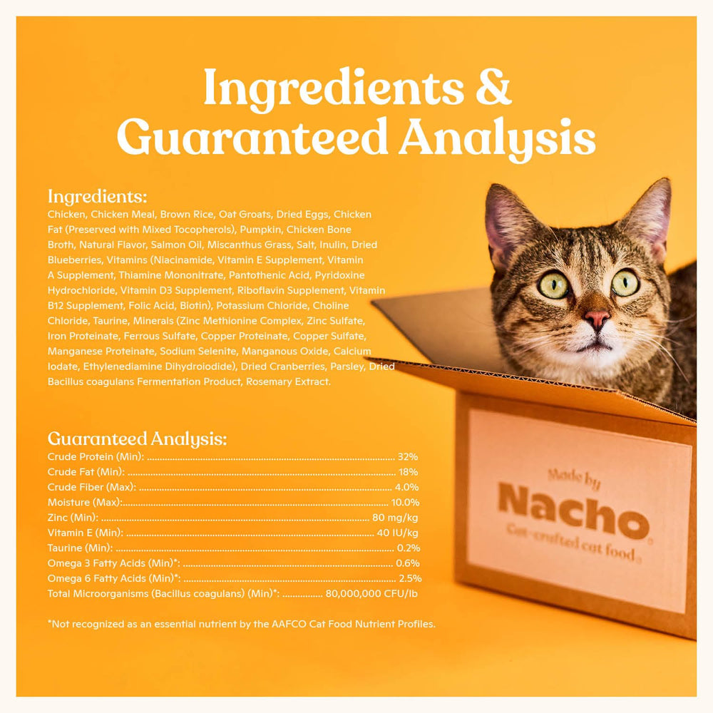 Made by Nacho kibble ingredients highlight limited ingredient, grain-friendly recipe.