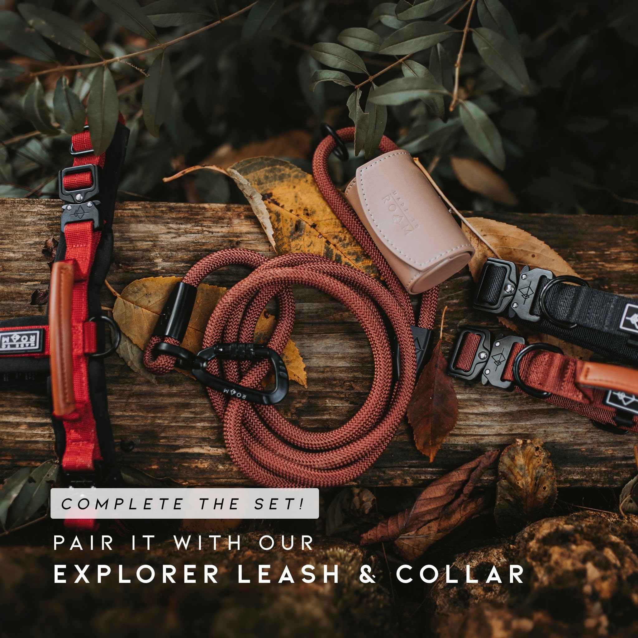 MADE TO ROAM Explorer Harness leather handle adds gentle control during training or stops.