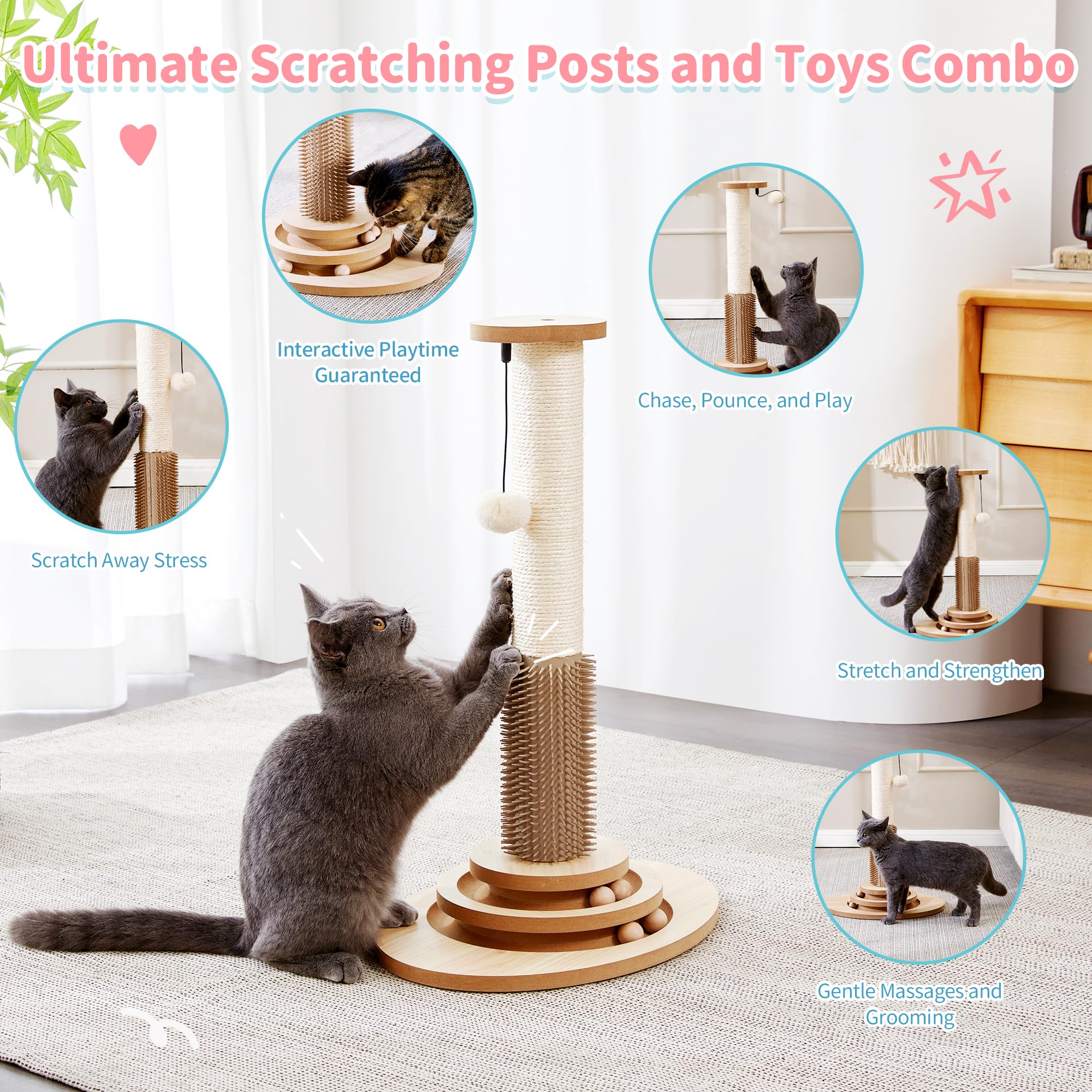 Made4Pets cat post showing built-in self-groomer brush for fur care.
