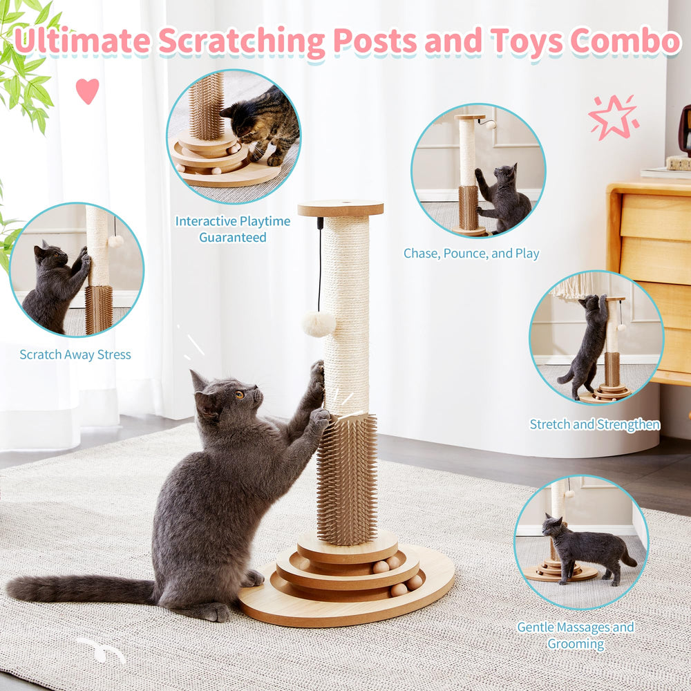 Made4Pets cat post showing built-in self-groomer brush for fur care.