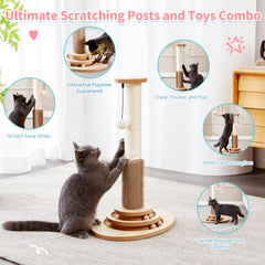 Made4Pets cat post showing built-in self-groomer brush for fur care.