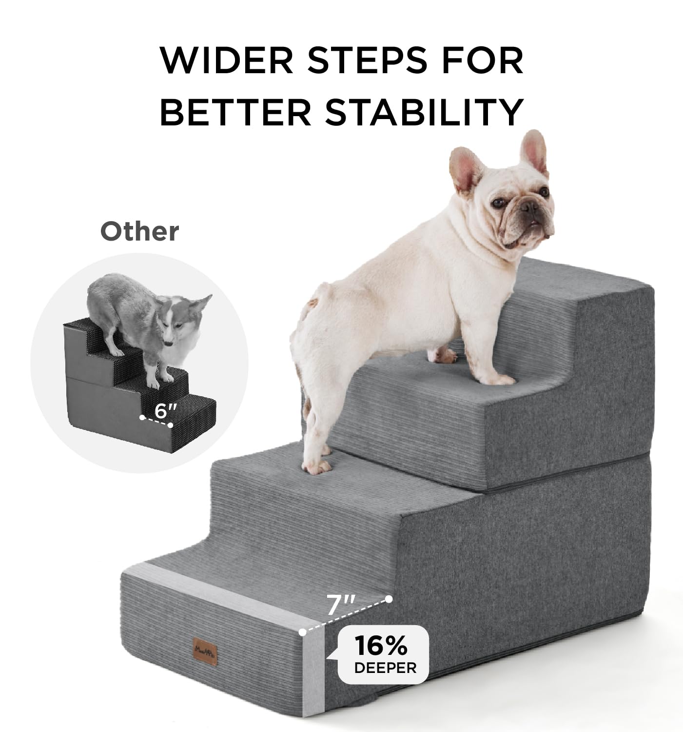 Made4Pets dog stairs gray three steps setup image for low furniture.