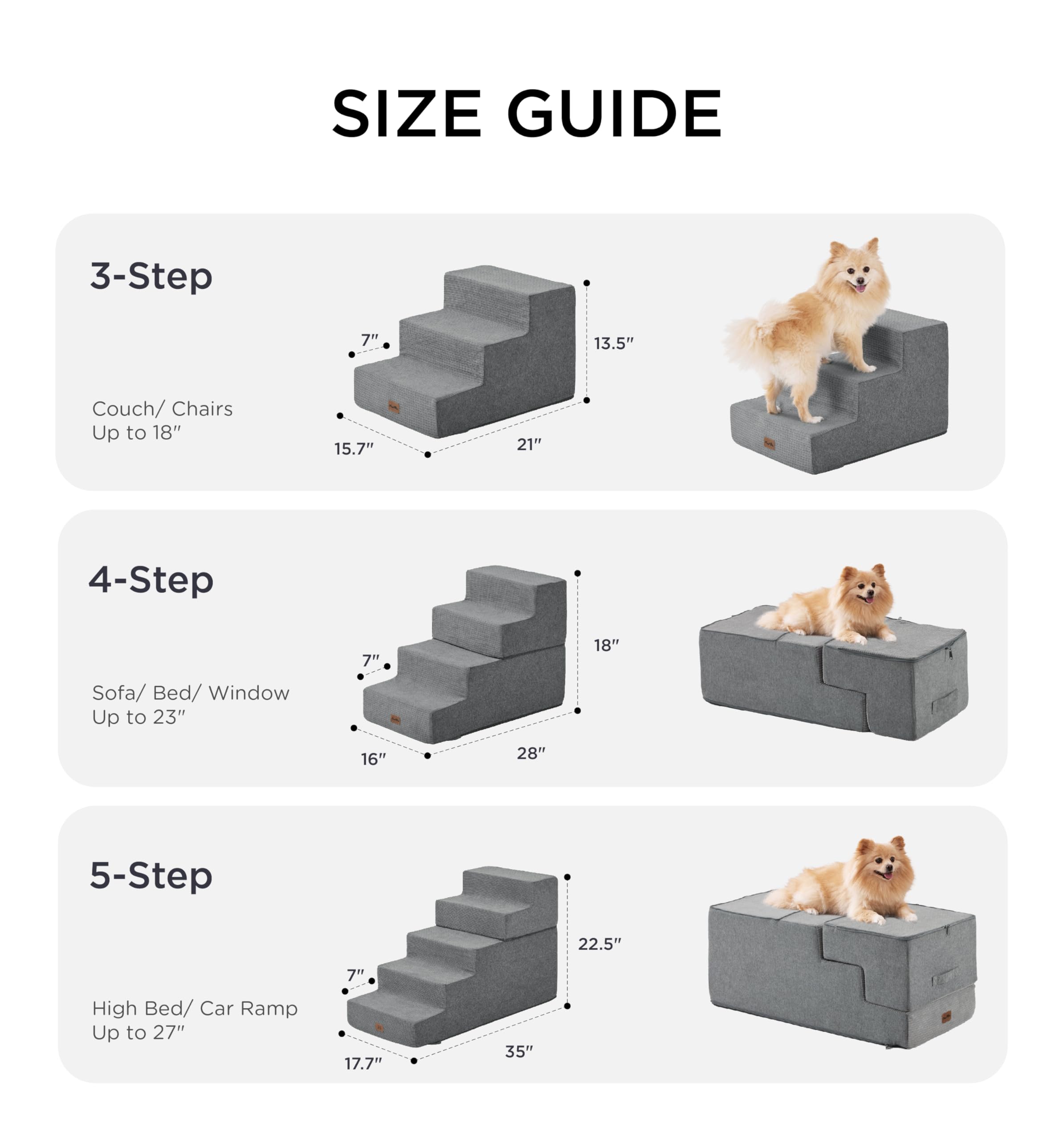 Made4Pets dog stairs gray four steps side view for medium-height furniture.