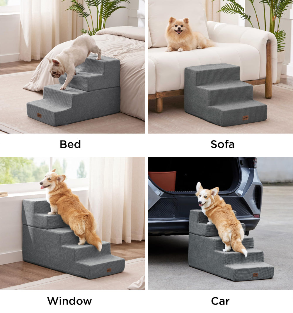 Made4Pets dog stairs gray five steps front view showing stable footing.